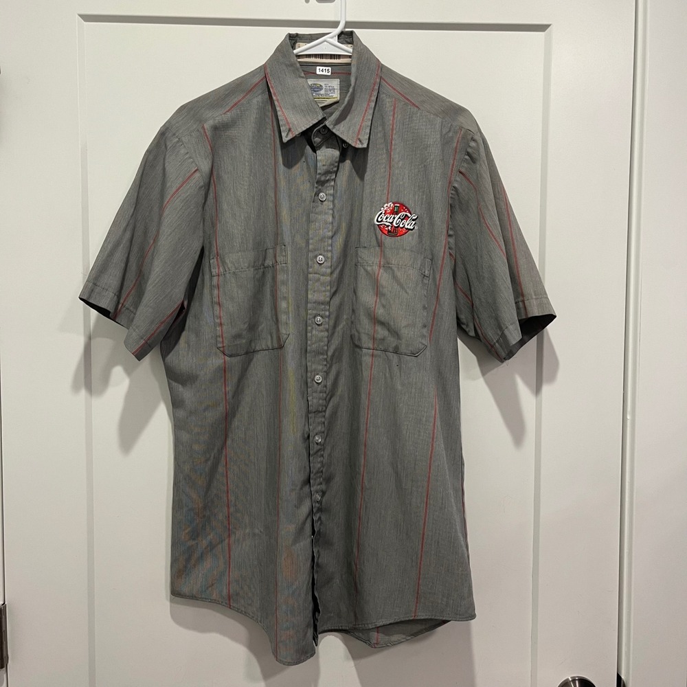 Riverside Coca-Cola Work Shirt Mens Grey Red Stripe Short Sleeve Button Up 16